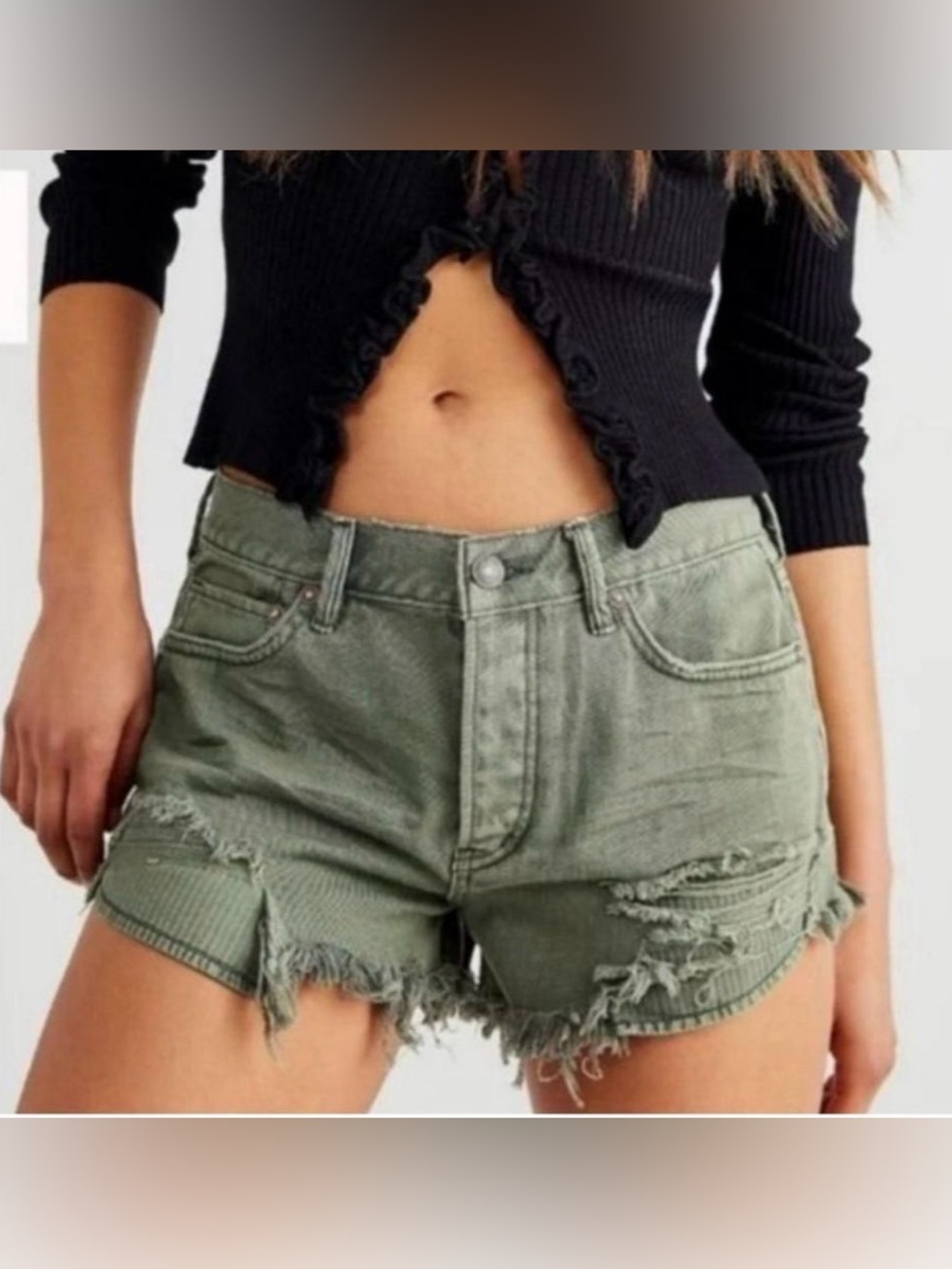 Free People We The Free Sage Green Distressed Raw Hem Denim Shorts Size 24